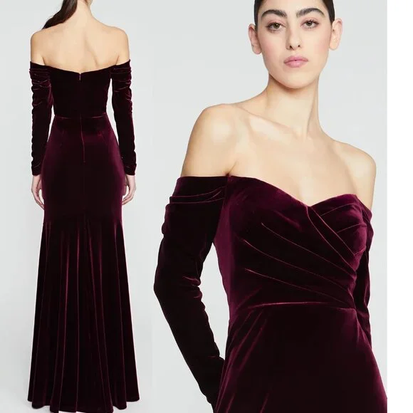 NEW $745 THEIA ANITA OFF THE SHOULDER VELVET GOWN DRESS IN CRIMSON ROSE SIZE 4 - Picture 2 of 10